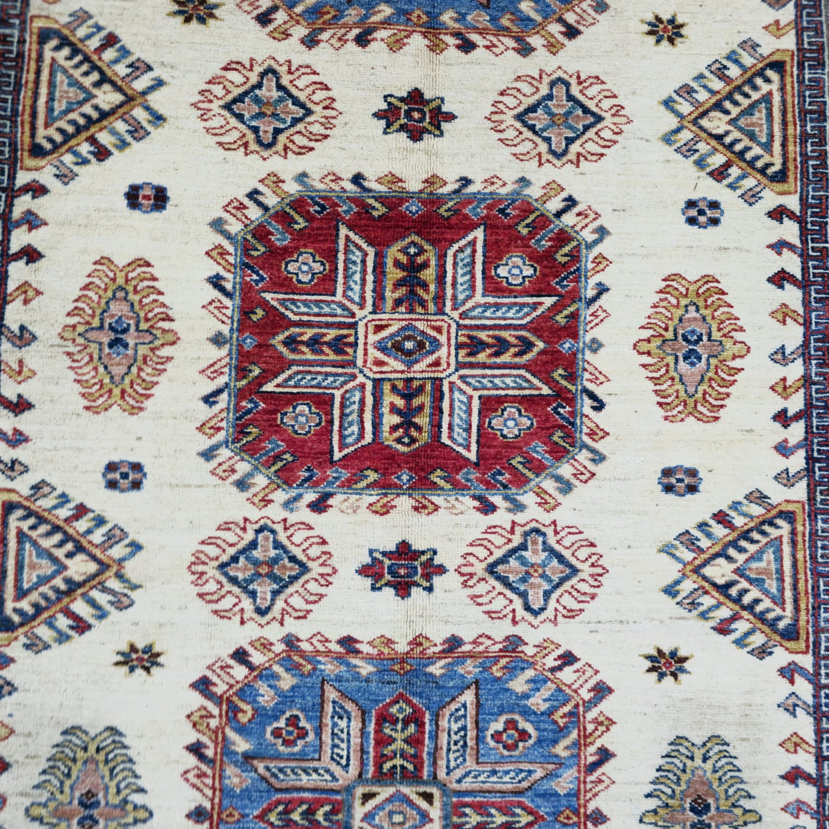 5.5x8 Beige Super Kazak Geometric Area Rug | Handmade Wool & Cotton Rug