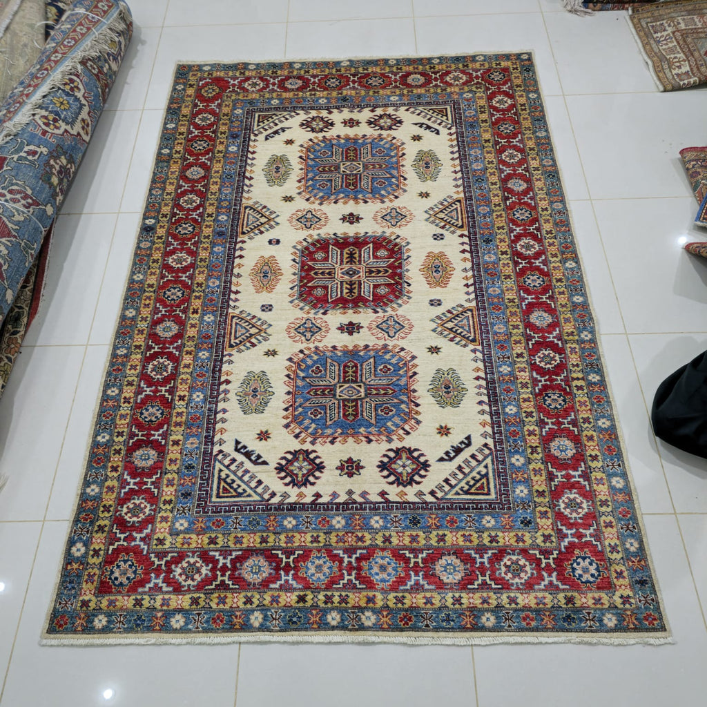 5.5x8 Beige Super Kazak Geometric Area Rug | Handmade Wool & Cotton Rug