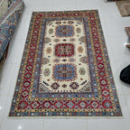 5.5x8 Beige Super Kazak Geometric Area Rug | Handmade Wool & Cotton Rug