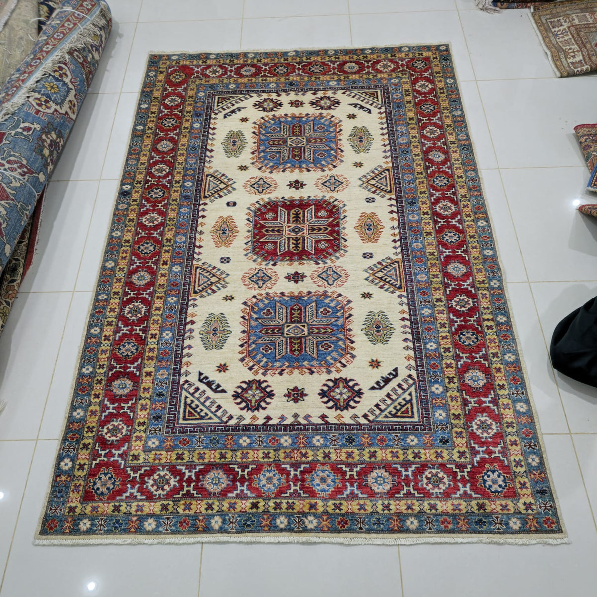 5.5x8 Beige Super Kazak Geometric Area Rug | Handmade Wool & Cotton Rug