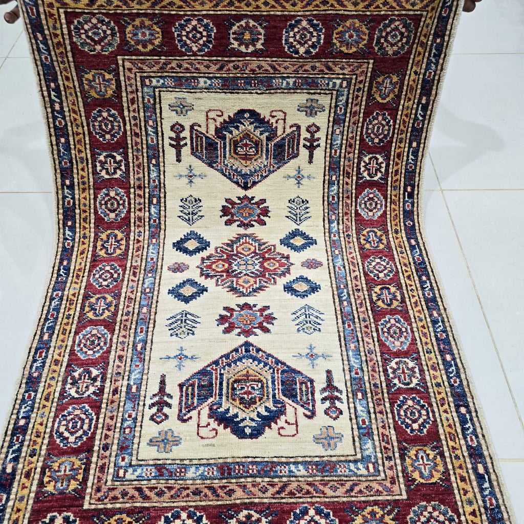 2.5x4 Beige Super Kazak Geometric Area Rug | Handmade Wool & Cotton Rug