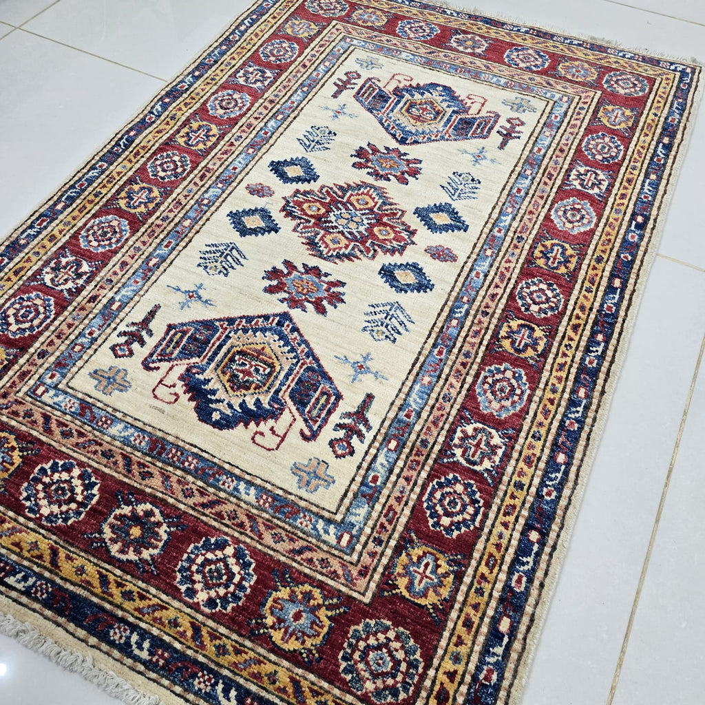 2.5x4 Beige Super Kazak Geometric Area Rug | Handmade Wool & Cotton Rug