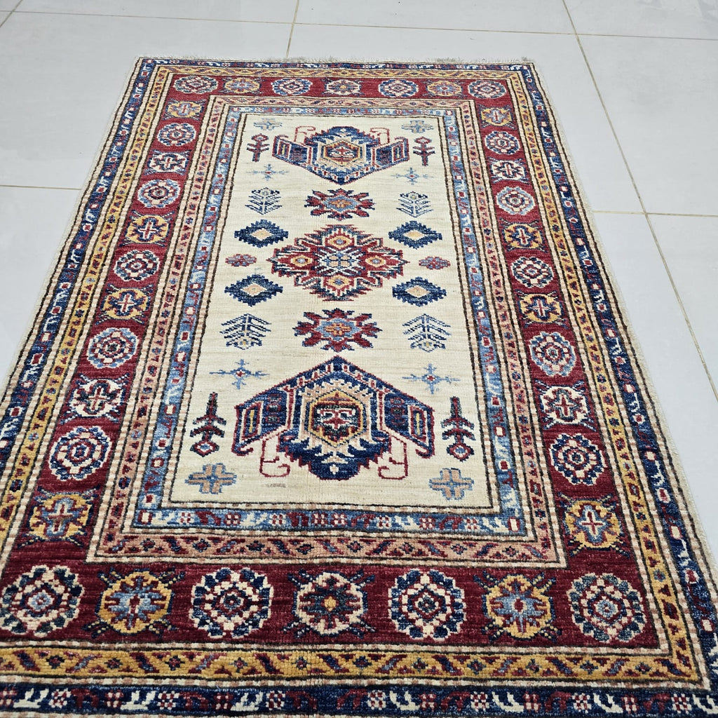 2.5x4 Beige Super Kazak Geometric Area Rug | Handmade Wool & Cotton Rug