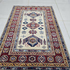 2.5x4 Beige Super Kazak Geometric Area Rug | Handmade Wool & Cotton Rug