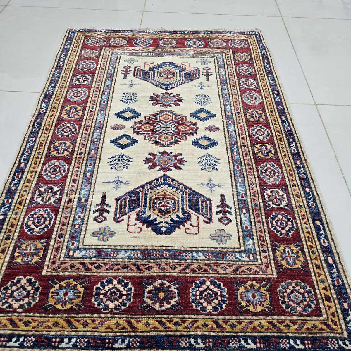 2.5x4 Beige Super Kazak Geometric Area Rug | Handmade Wool & Cotton Rug