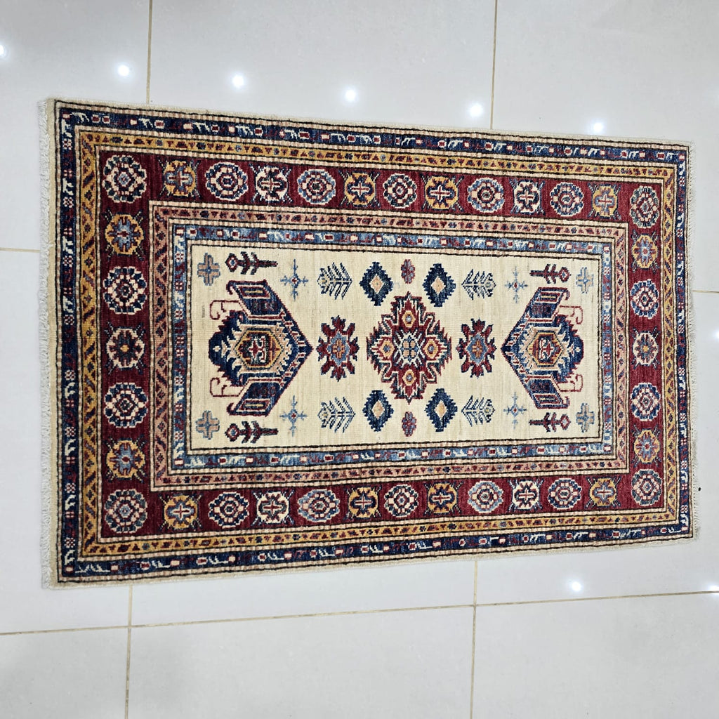 2.5x4 Beige Super Kazak Geometric Area Rug | Handmade Wool & Cotton Rug