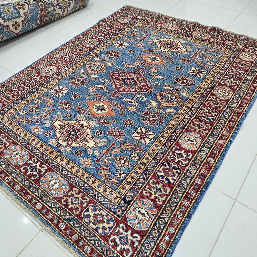 5x7 Blue Super Kazak Geometric Area Rug | Handmade Wool & Cotton Rug