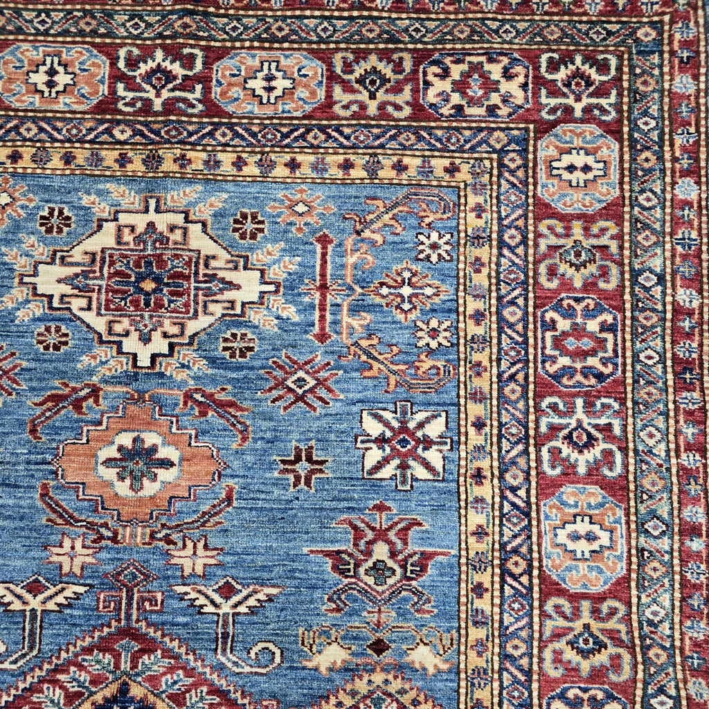 5x7 Blue Super Kazak Geometric Area Rug | Handmade Wool & Cotton Rug