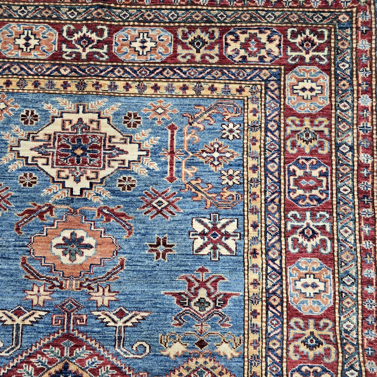 5x7 Blue Super Kazak Geometric Area Rug | Handmade Wool & Cotton Rug