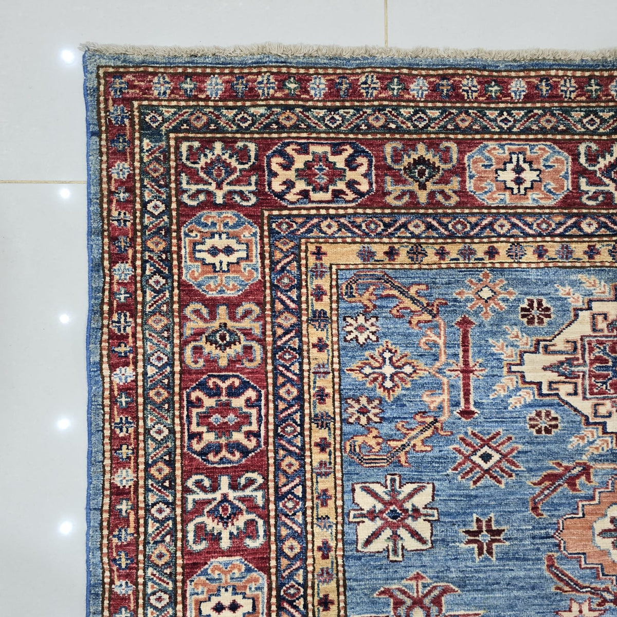 5x7 Blue Super Kazak Geometric Area Rug | Handmade Wool & Cotton Rug