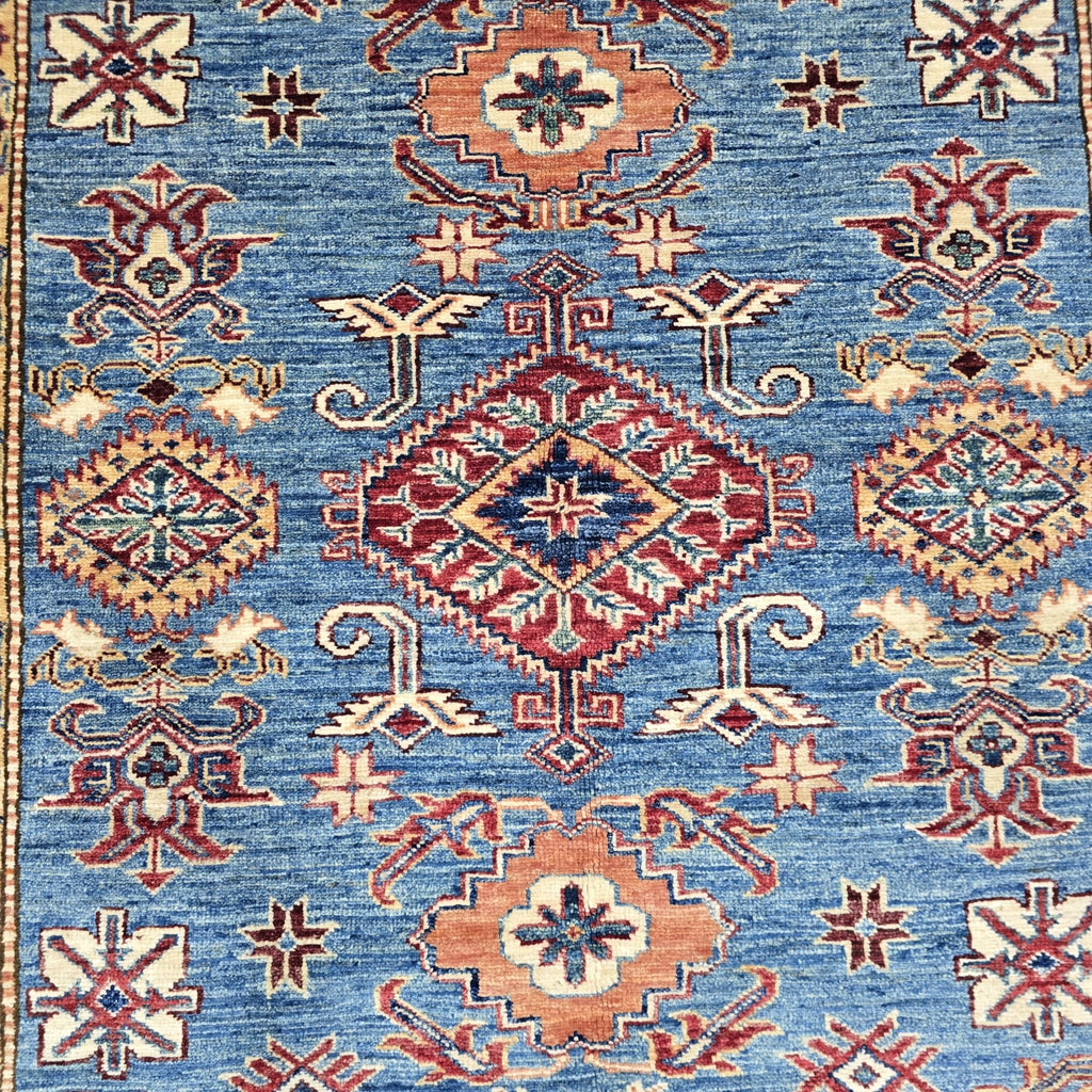 5x7 Blue Super Kazak Geometric Area Rug | Handmade Wool & Cotton Rug