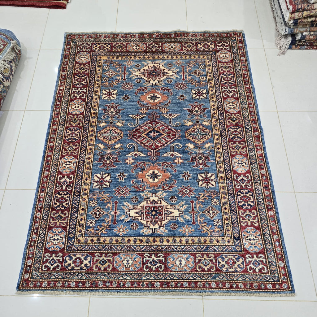 5x7 Blue Super Kazak Geometric Area Rug | Handmade Wool & Cotton Rug