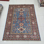 5x7 Blue Super Kazak Geometric Area Rug | Handmade Wool & Cotton Rug