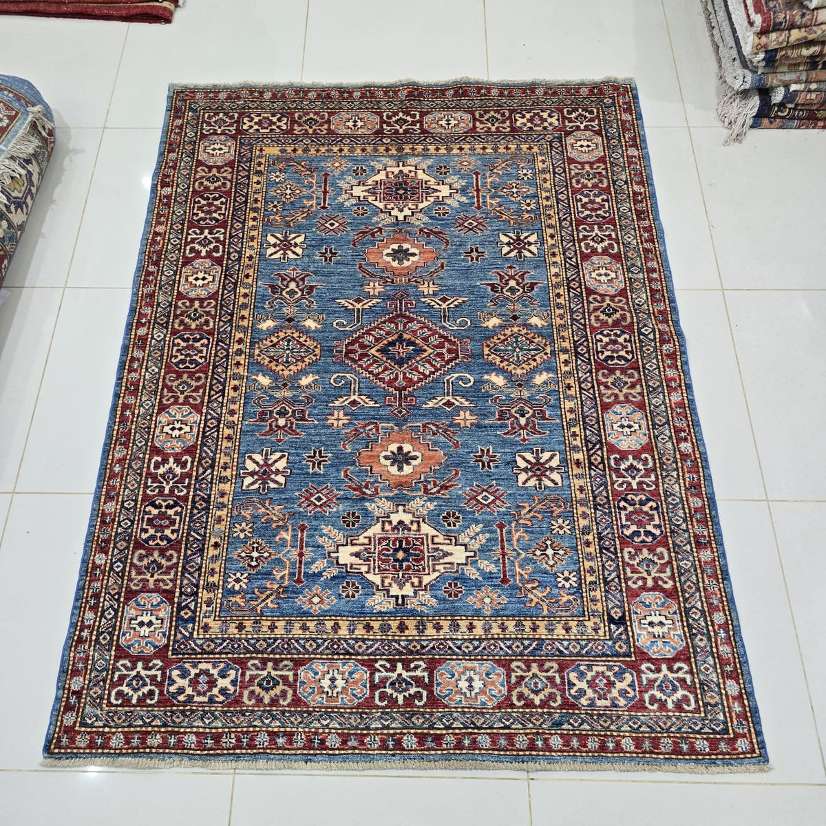 5x7 Blue Super Kazak Geometric Area Rug | Handmade Wool & Cotton Rug