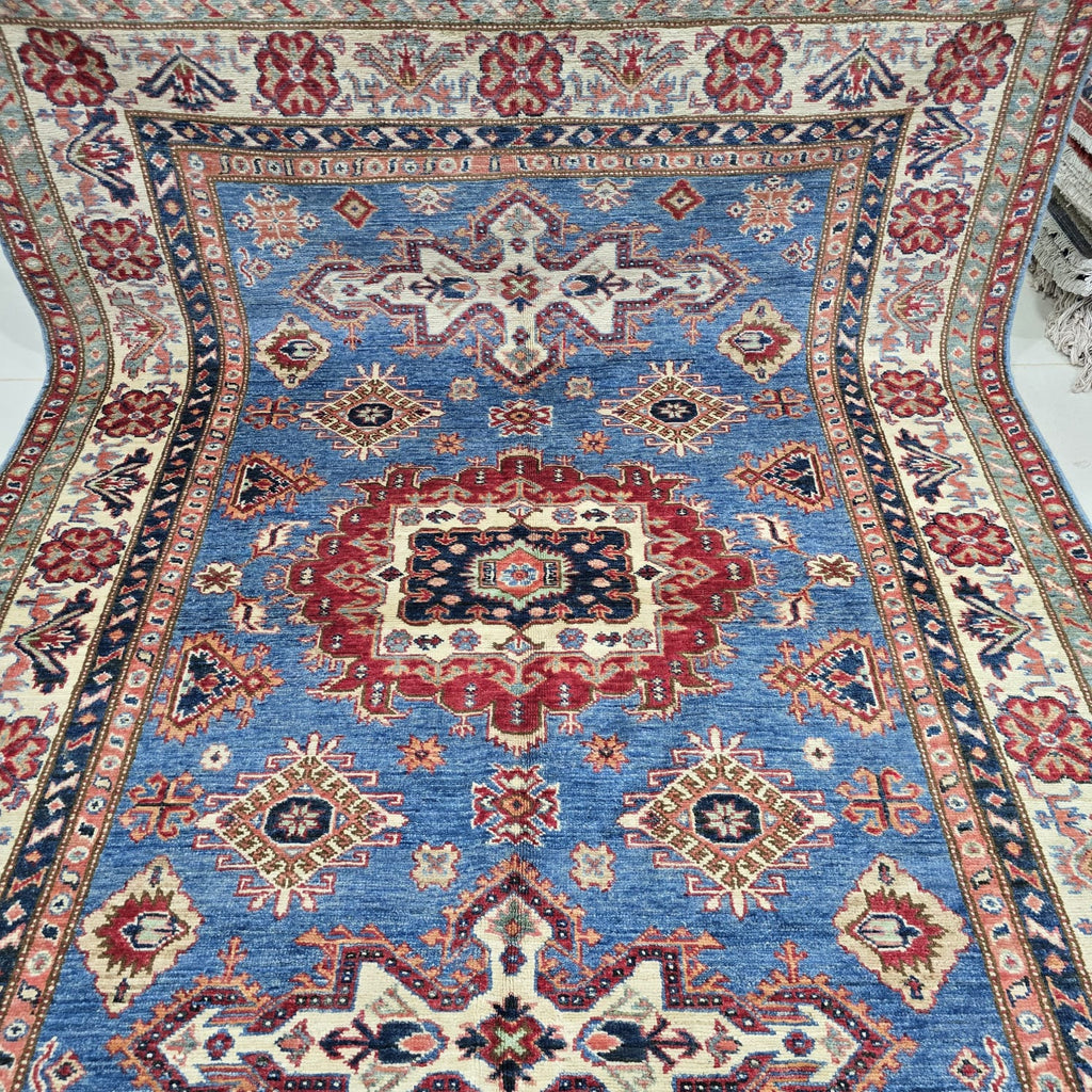 5x7 Blue Super Kazak Geometric Area Rug | Handmade Wool & Cotton Rug