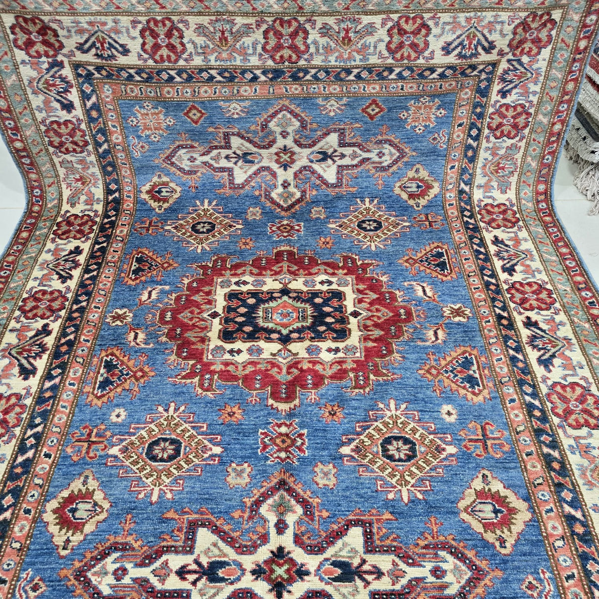 5x7 Blue Super Kazak Geometric Area Rug | Handmade Wool & Cotton Rug