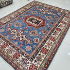 5x7 Blue Super Kazak Geometric Area Rug | Handmade Wool & Cotton Rug