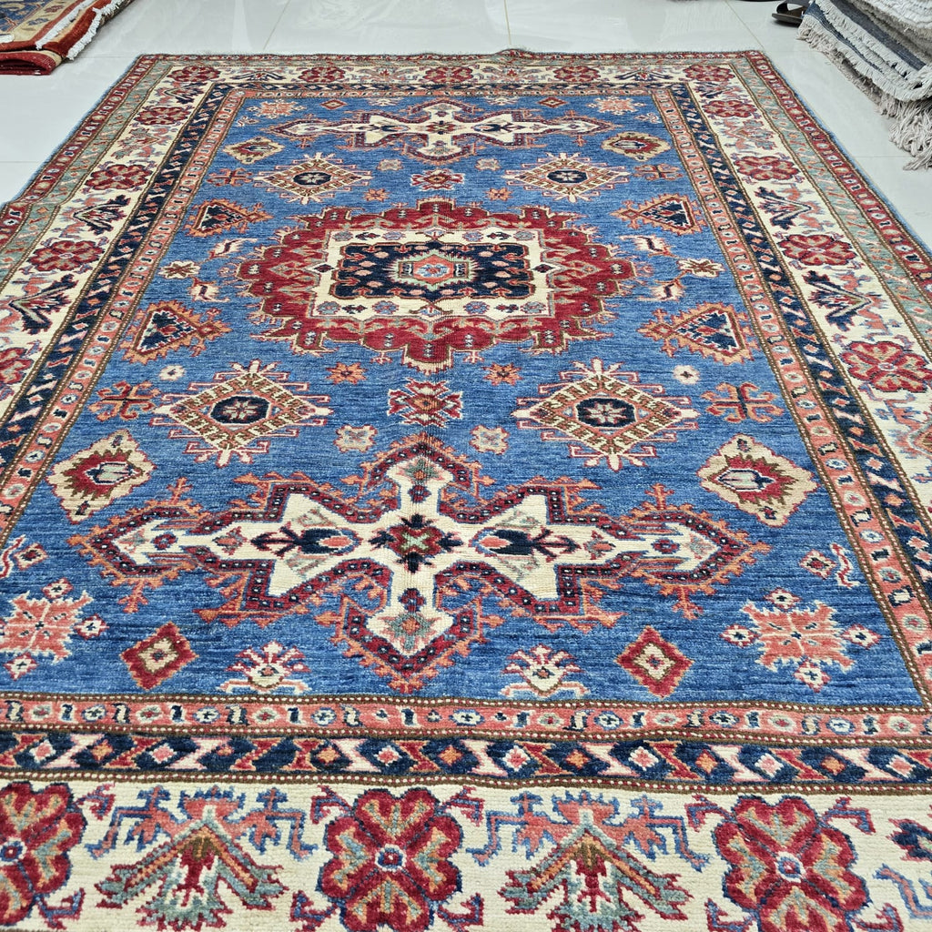 5x7 Blue Super Kazak Geometric Area Rug | Handmade Wool & Cotton Rug