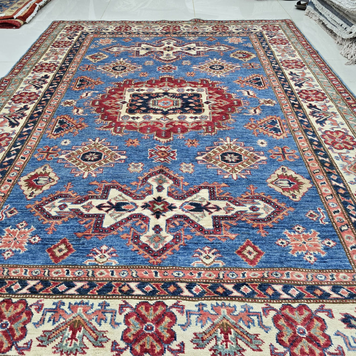 5x7 Blue Super Kazak Geometric Area Rug | Handmade Wool & Cotton Rug