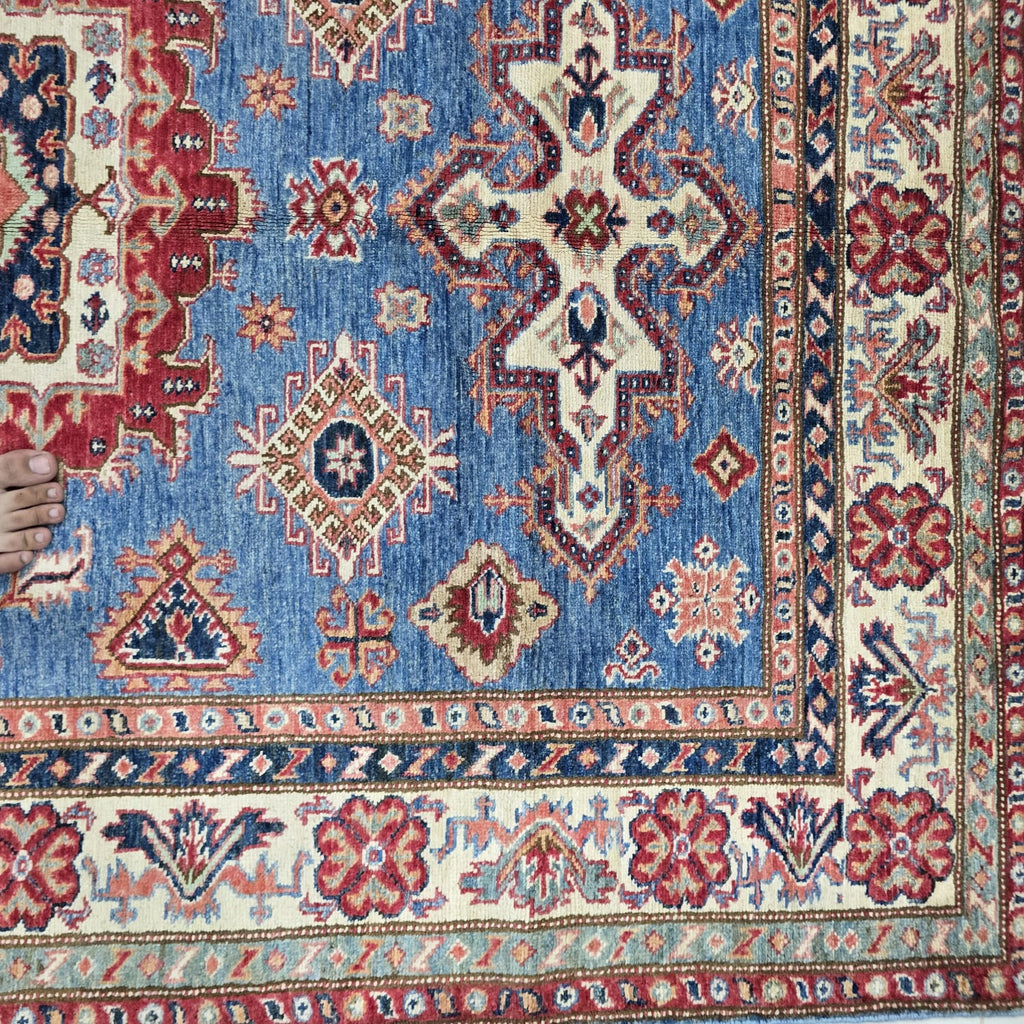 5x7 Blue Super Kazak Geometric Area Rug | Handmade Wool & Cotton Rug