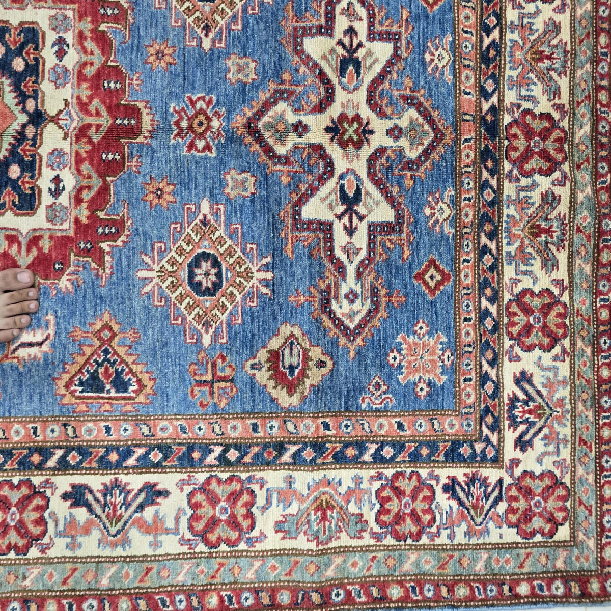 5x7 Blue Super Kazak Geometric Area Rug | Handmade Wool & Cotton Rug