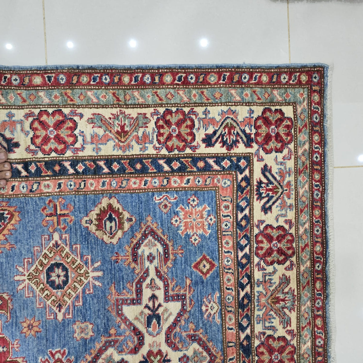 5x7 Blue Super Kazak Geometric Area Rug | Handmade Wool & Cotton Rug