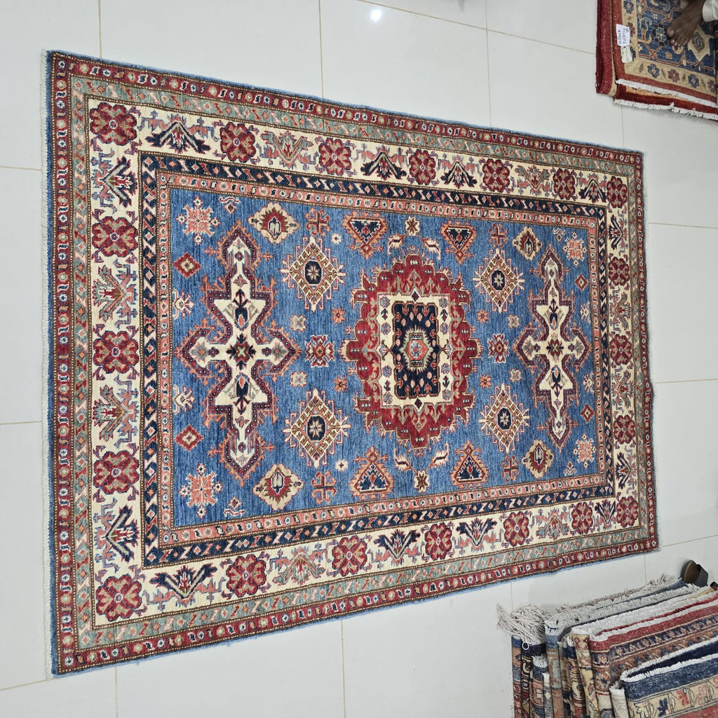 5x7 Blue Super Kazak Geometric Area Rug | Handmade Wool & Cotton Rug