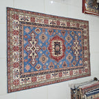5x7 Blue Super Kazak Geometric Area Rug | Handmade Wool & Cotton Rug
