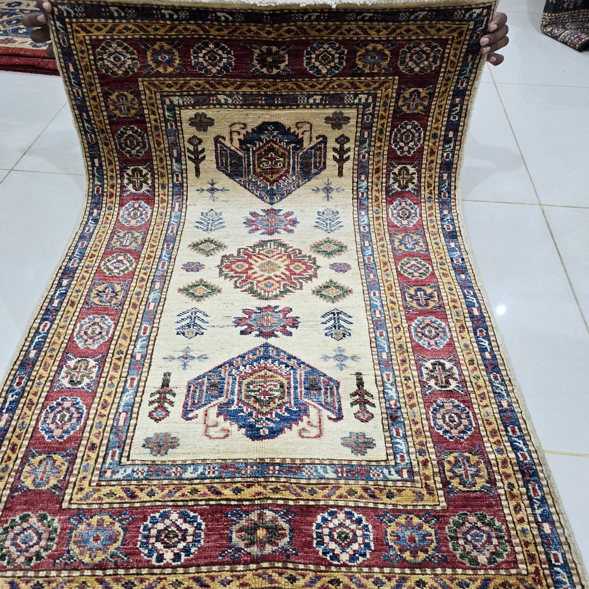 2.5x4 Beige Super Kazak Geometric Area Rug | Handmade Wool & Cotton Rug