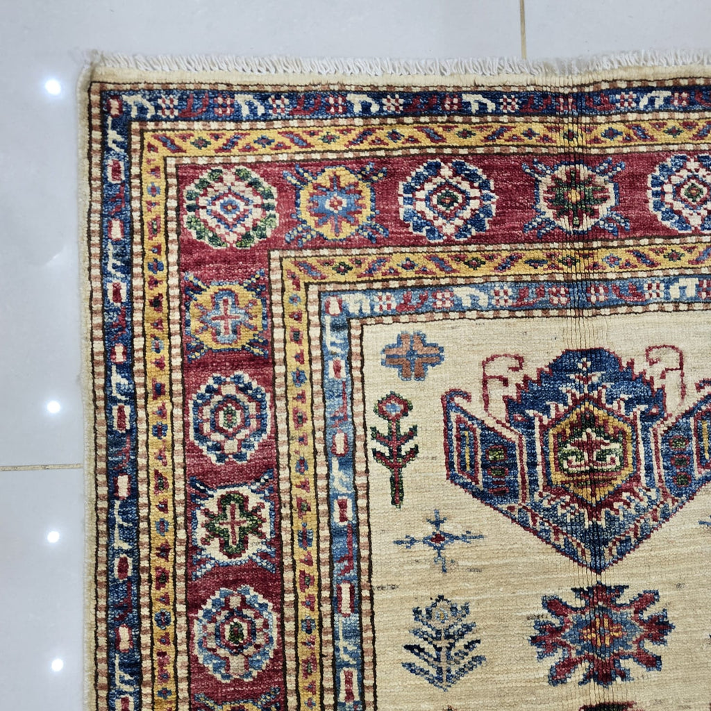 2.5x4 Beige Super Kazak Geometric Area Rug | Handmade Wool & Cotton Rug