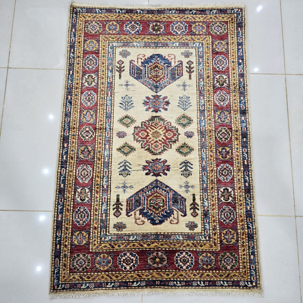 2.5x4 Beige Super Kazak geometric handmade wool and cotton area rug