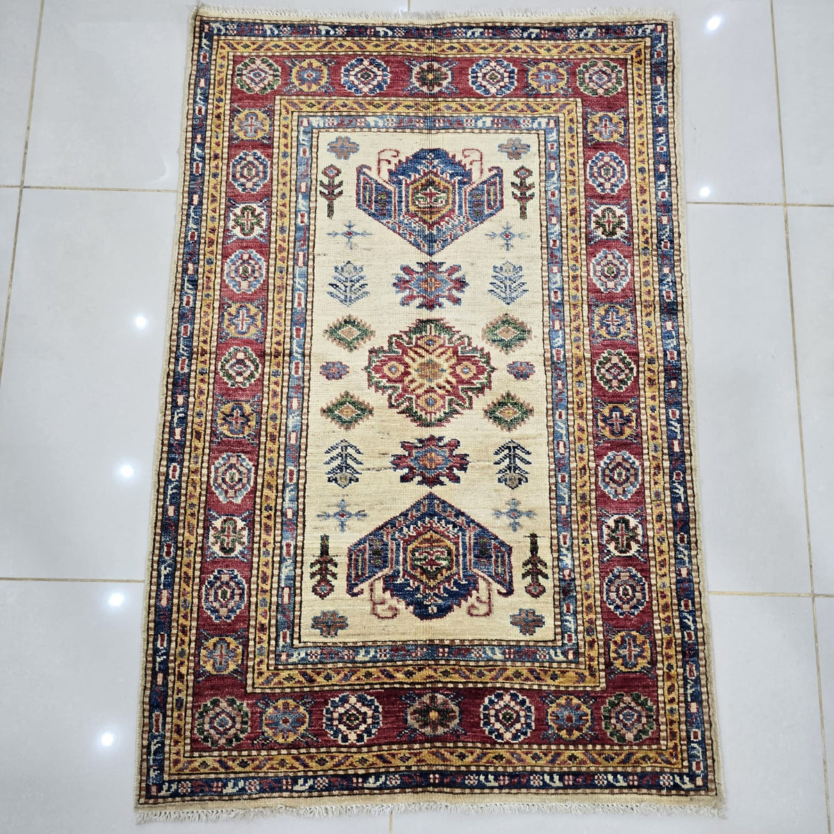 2.5x4 Beige Super Kazak geometric handmade wool and cotton area rug