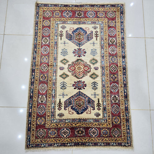 2.5x4 Beige Super Kazak geometric handmade wool and cotton area rug