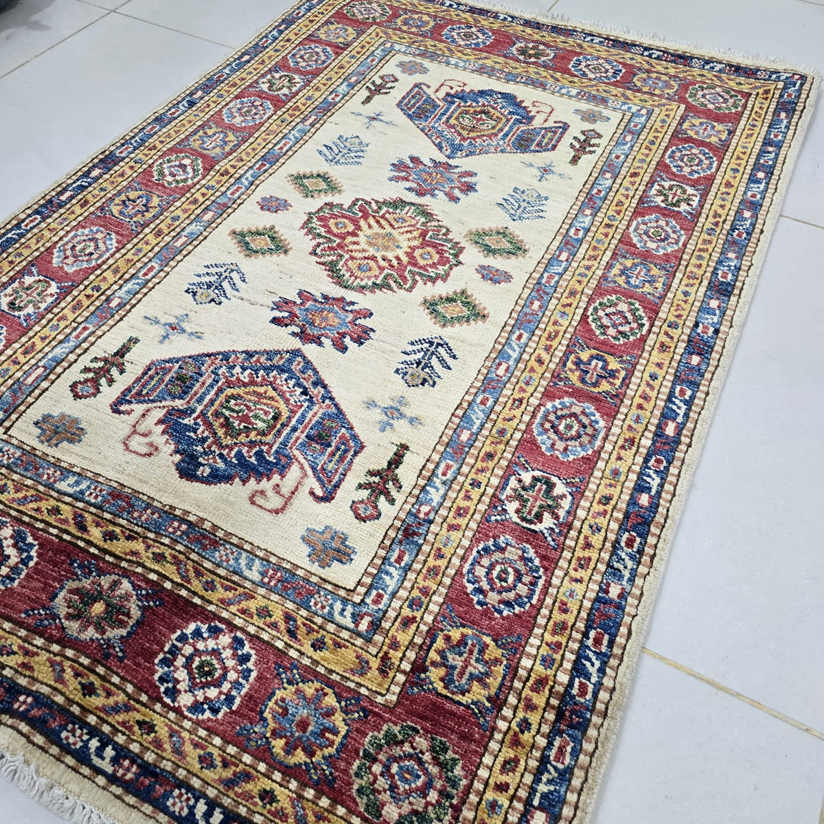 2.5x4 Beige Super Kazak Geometric Area Rug | Handmade Wool & Cotton Rug