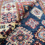3.5x3.5 Blue Super Kazak Geometric Area Rug | Handmade Wool & Cotton Rug