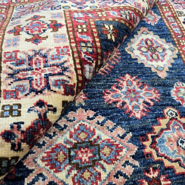 3.5x3.5 Blue Super Kazak Geometric Area Rug | Handmade Wool & Cotton Rug