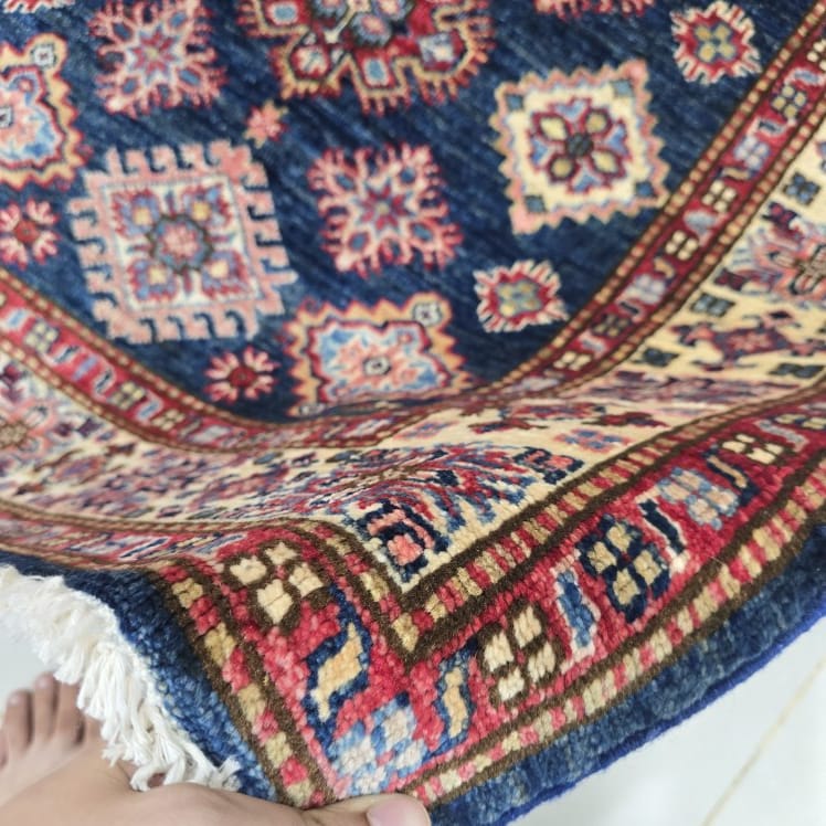 3.5x3.5 Blue Super Kazak Geometric Area Rug | Handmade Wool & Cotton Rug