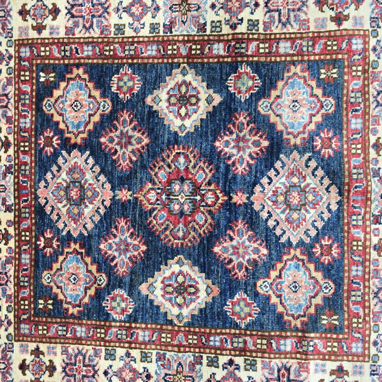 3.5x3.5 Blue Super Kazak Geometric Area Rug | Handmade Wool & Cotton Rug