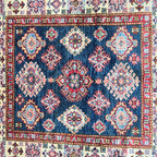 3.5x3.5 Blue Super Kazak Geometric Area Rug | Handmade Wool & Cotton Rug