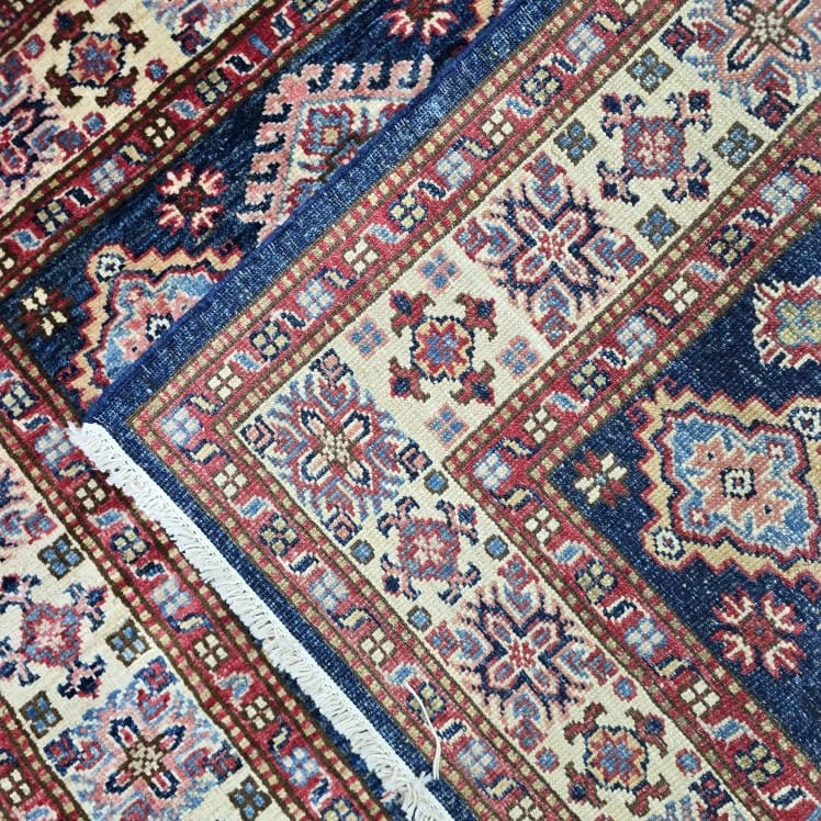 3.5x3.5 Blue Super Kazak Geometric Area Rug | Handmade Wool & Cotton Rug
