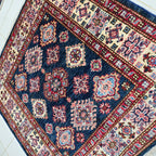 3.5x3.5 Blue Super Kazak Geometric Area Rug | Handmade Wool & Cotton Rug