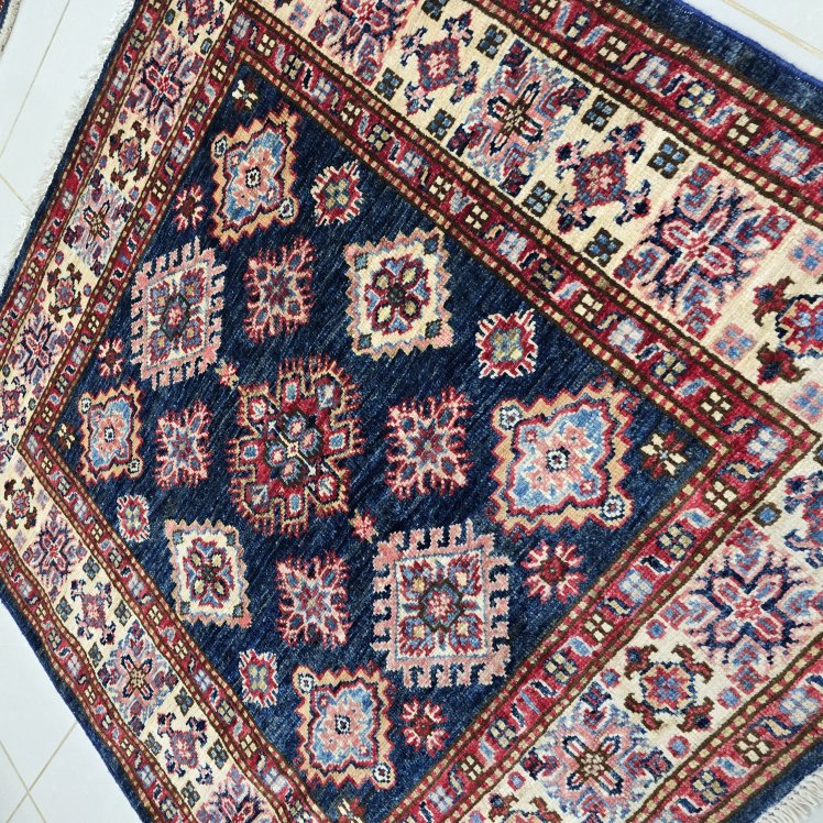 3.5x3.5 Blue Super Kazak Geometric Area Rug | Handmade Wool & Cotton Rug