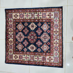 3.5x3.5 Blue Super Kazak Geometric Area Rug | Handmade Wool & Cotton Rug