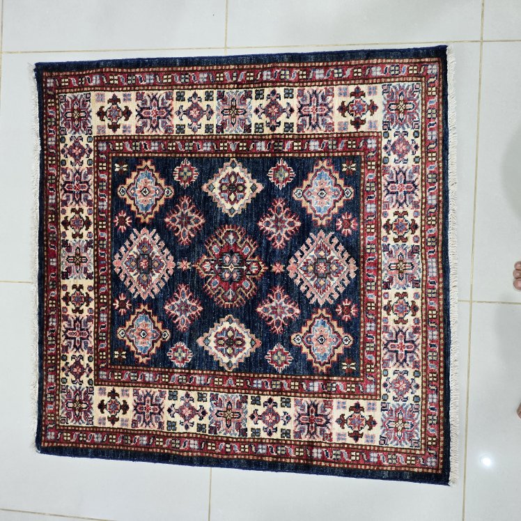 3.5x3.5 Blue Super Kazak Geometric Area Rug | Handmade Wool & Cotton Rug
