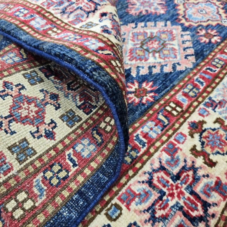 3.5x3.5 Blue Super Kazak Geometric Area Rug | Handmade Wool & Cotton Rug