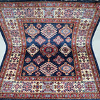 3.5x3.5 Blue Super Kazak Geometric Area Rug | Handmade Wool & Cotton Rug
