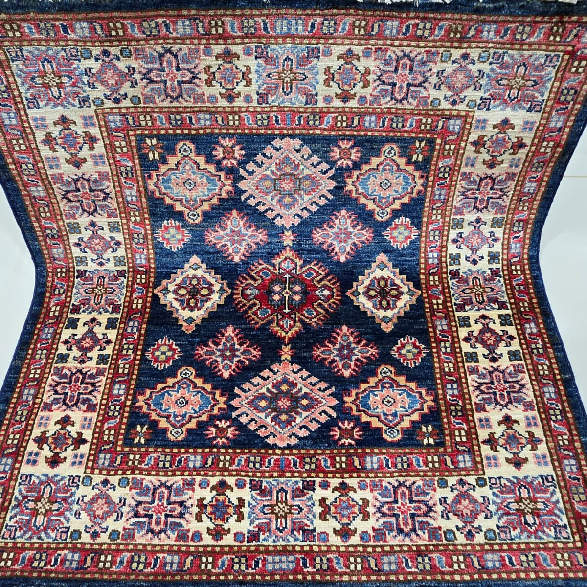 3.5x3.5 Blue Super Kazak Geometric Area Rug | Handmade Wool & Cotton Rug