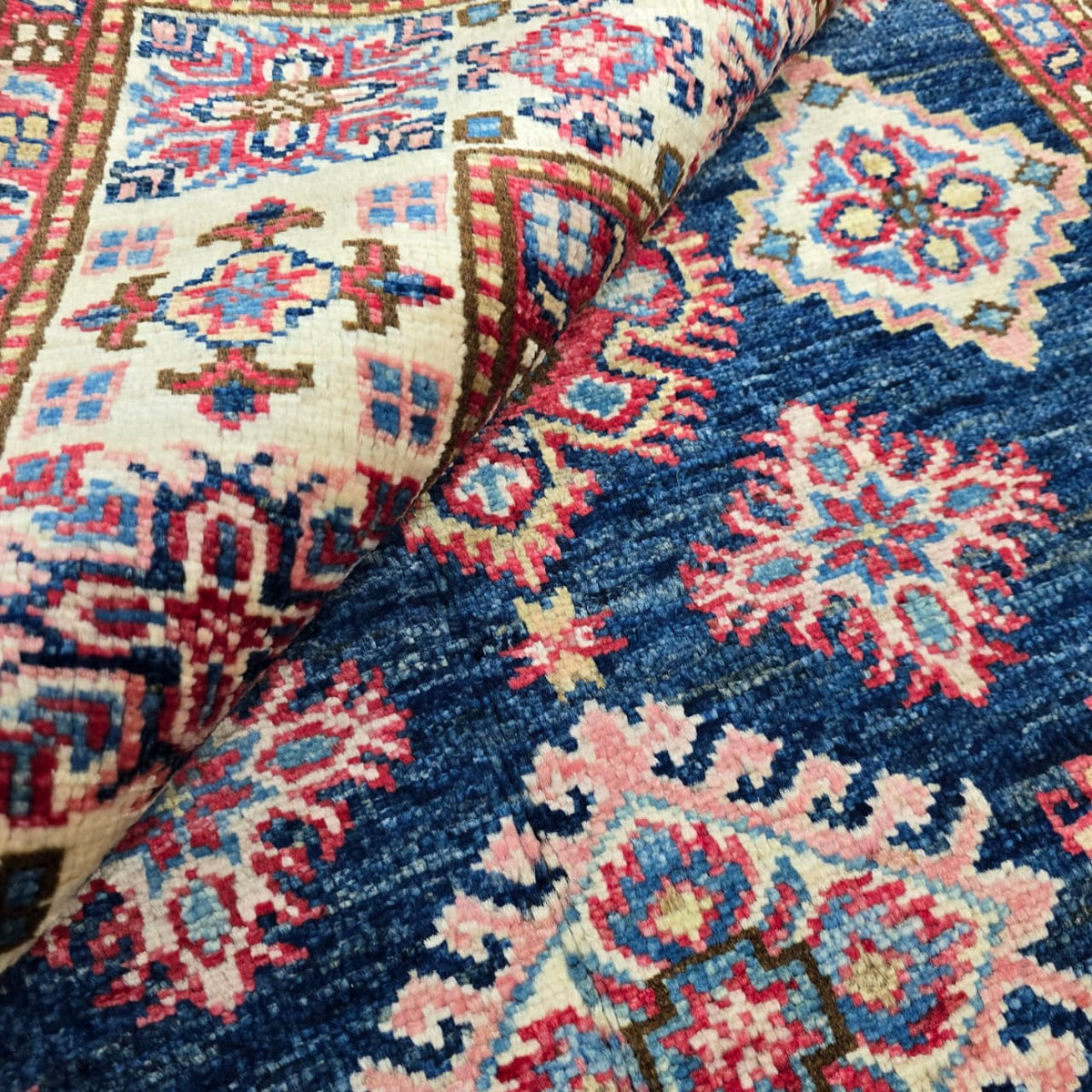 3.5x3.5 Blue Super Kazak Geometric Area Rug | Handmade Wool & Cotton Rug