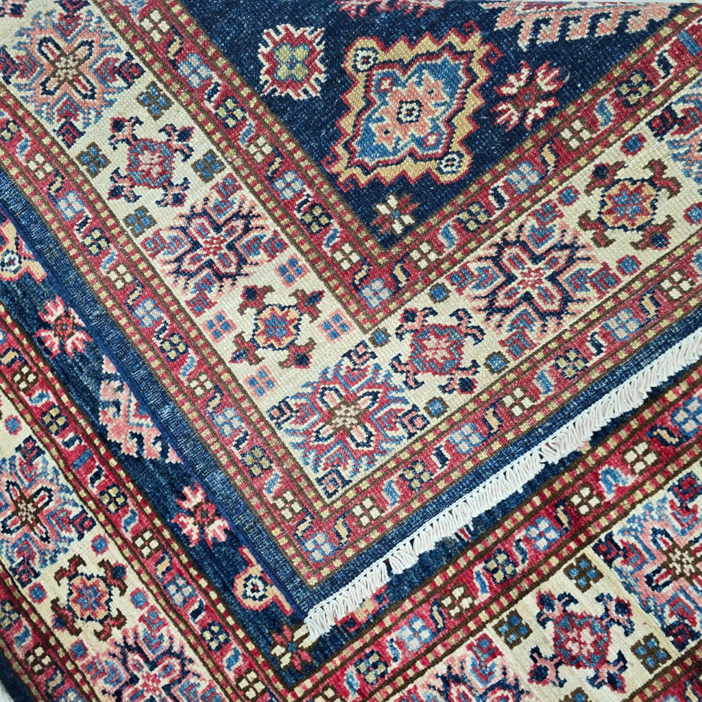 3.5x3.5 Blue Super Kazak Geometric Area Rug | Handmade Wool & Cotton Rug