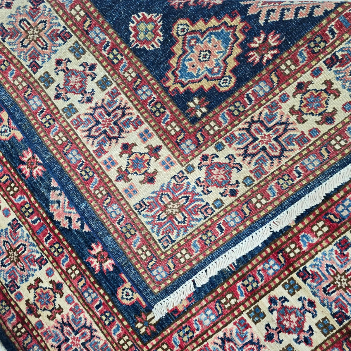 3.5x3.5 Blue Super Kazak Geometric Area Rug | Handmade Wool & Cotton Rug